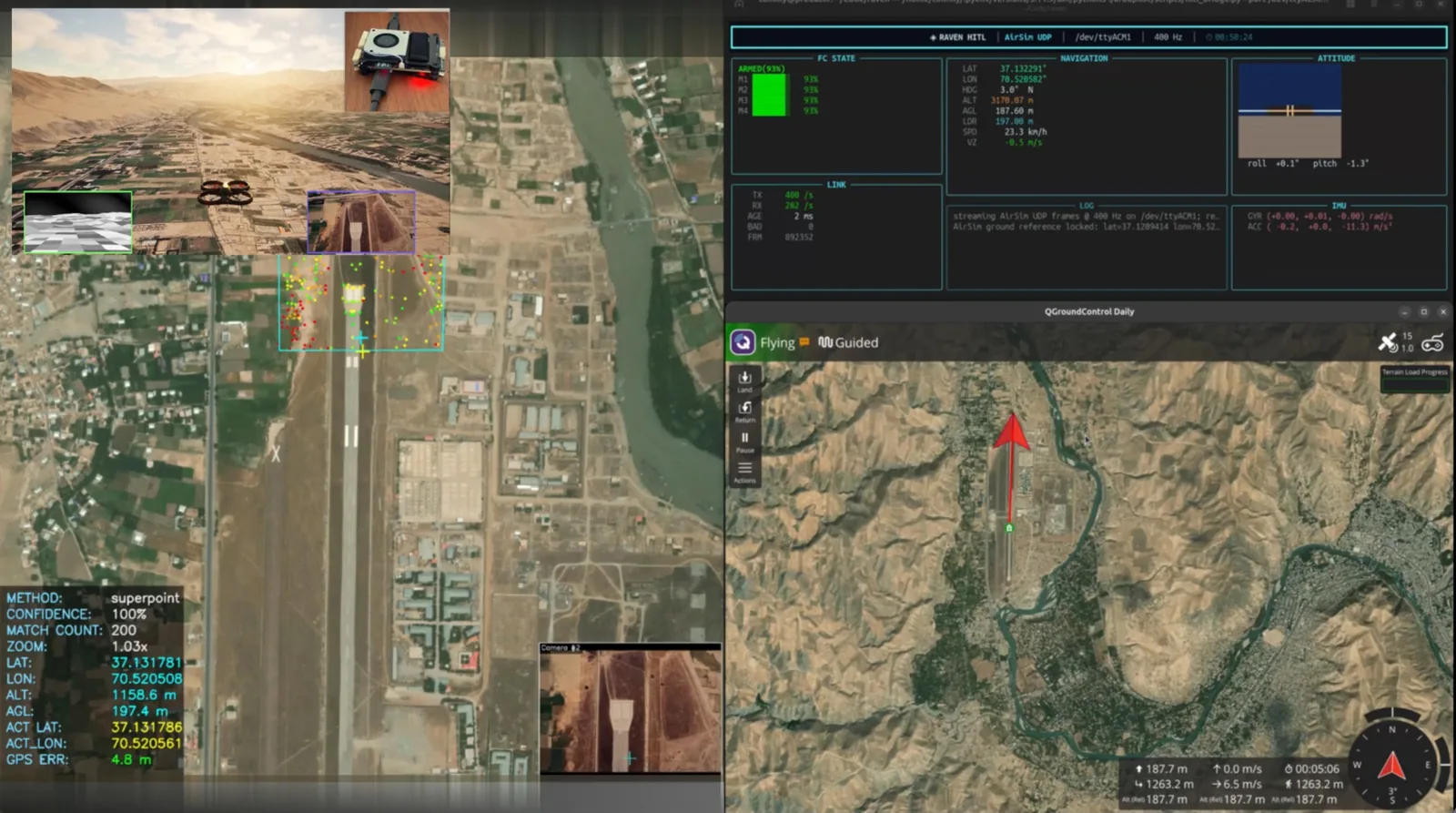 RUNE Sim hardware-in-the-loop demo showing the drone's actual position versus the vision-estimated position over terrain