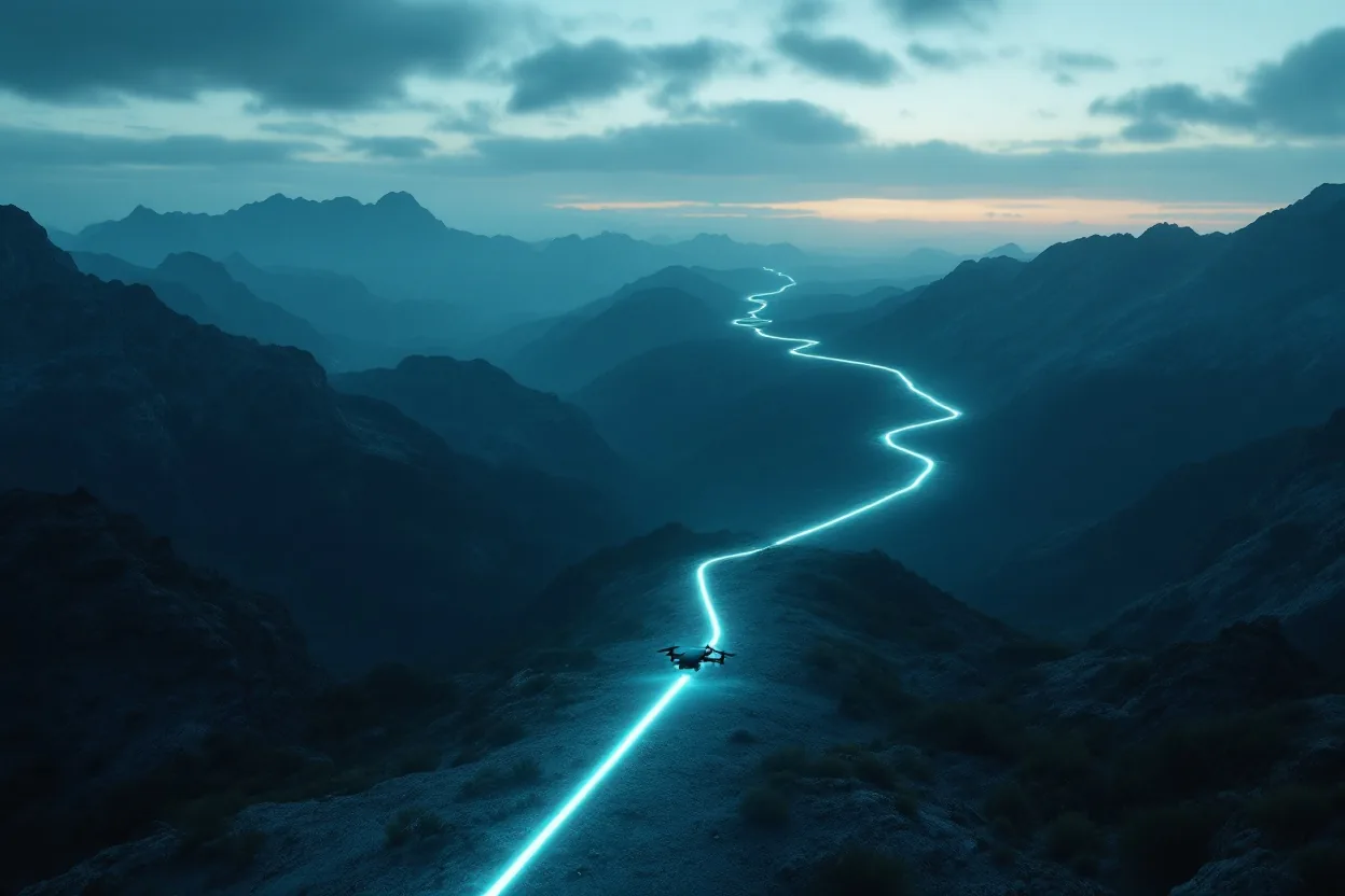 RavenView reconstructing a drone flight path as a glowing trail over 3D mountain terrain at dusk