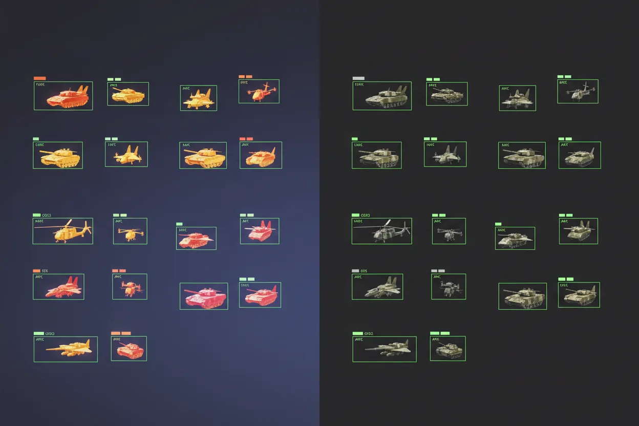 Synthetic battlespace dataset with labeled vehicles and aircraft across RGB and thermal imaging